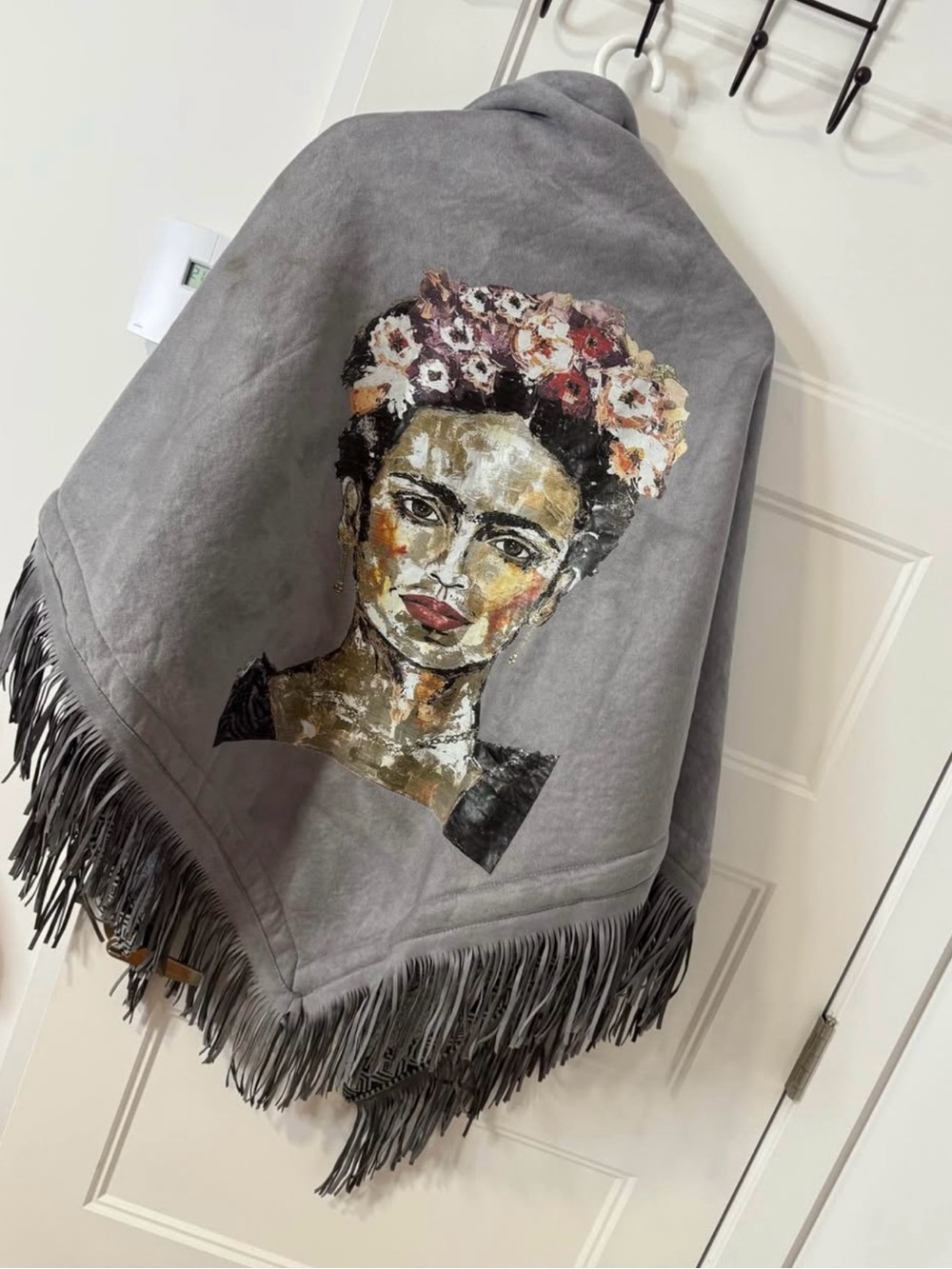 Gray Fringe Shawl with Floral Portrait Poncho